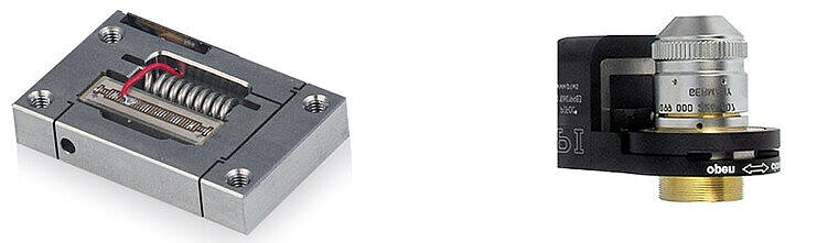 Piezo flexure amplified actuators in different customization levels, from low-cost OEM actuators suited to drive micro-pumps to complete closed-loop nano-focus positioning systems.