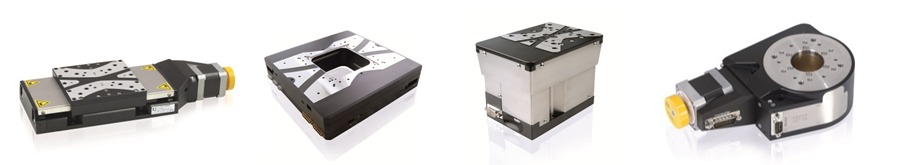 Several stepper motor driven precision positioning stages from PI miCos: (left to right) L-511 linear stage (former PRS-110), MCS Planar XY stage, L-310 Z-axis stage (former ES-100), L-611 rotation stage (former PRS-110) (Image: PI miCos)