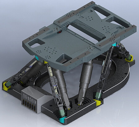 Ovali Hexapod with customized top plate. In addition to the 6 active struts for positioning, 6 more linear-encoder equipped sensor struts are implemented to achieve new levels of accuracy. (Image: PI miCos)