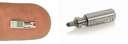 (left) Piezo inertia motors are tiny. They provide nanometer precision and are ideal for integration into miniaturized instrumentation. (Image: PI) (right) A linear actuator based on a high-force stick-slip inertia motor. (Image: PI)