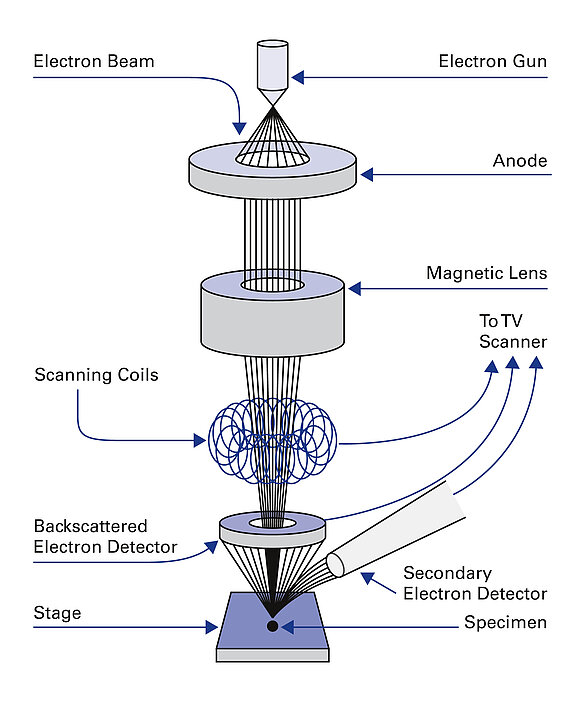 Figure 2. Principal design of a scanning electron microscope (SEM) (Image: PI)