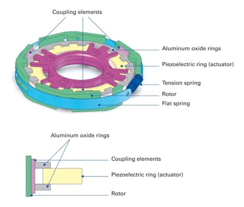 A compact piezoelectric ultrasonic rotary motor for variable drug delivery. The motor consists of a piezoelectric ring actuator excited with a travelling wave. Thin aluminum oxide rings (grey) on top and bottom of the piezo ring absorb the oscillations. With the help of the three coupling elements (pink) used in the rotor, the absorbed oscillations are transmitted to the pre-loaded rotor (green) and converted to a rotary motion. (Image: PI)