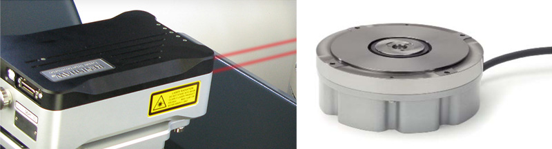 (left) Linear measuring device: Renishaw XL-80 interferometer, with reference mirror 25 mm above the motion platform. (Image: Renishaw) (right) Rotational measuring device: Heidenhain RON-905 (Image: Heidenhain)
