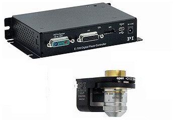 A P-725 Piezo-driven Nano-Focus Scanner for Microscope Objective Lenses shown with a compact digital controller: Significantly faster response, higher reliability and service life than motorized Z stages. This model provides 400um closed loop travel and can be used in upright and inverted microscopes. (Image: PI)