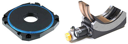 (left) U-651 low profile rotation stage based on ceramic direct-drive motors (Image: PI) (right) High precision motorized goniometer cradle (Image: PI miCos)