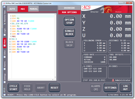 Figure 1: Interface for loading, executing, monitoring, and modifying CNC programs (Image: ACS)