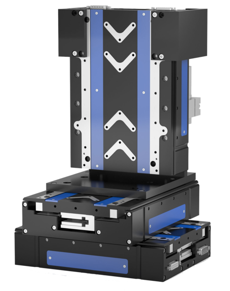 XYZ positioning stage assembly consisting of three 60mm range V-551 linear motor stages and additional magnetic gravity force compensation on the Z axis.