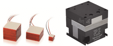 Left: Variety piezo shear actuators. These actuators provide lateral motion over several microns of travel. Single and multi-axis versions are available. (Image: PI Ceramic)  Right: A P-611 NanoCube® XYZ piezo nanopositioning stage. This stage provides up to 100µm travel and precision guidance through a frictionless flexure mechanism. Position feedback is available for closed-loop operation with improved accuracy and linearity. (Image: PI)