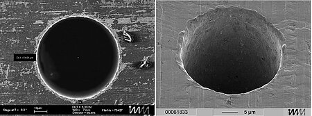 (left) Ø64µm hole produced with a vibratory-spindle equipped die-sinking EDM machine shows extremely good concentricity and cylindricity with deviation of only 1 micrometer (Image: ICT-IMM) (right) A Ø20µm hole, produced with the same process (Image: ICT-IMM)