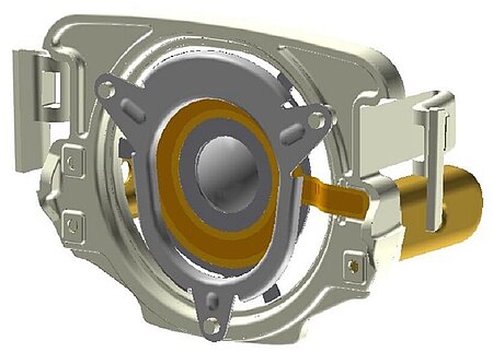 Aerosol generation with ultrasonic piezo transducer. The piezo ring is directly glued to the metal ring of the diaphragm. When an AC voltage is applied, the piezo element oscillates with a frequency of approx. 35 kHz (Image: Pari Pharma/PI)