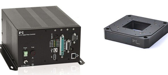 The E-727 multi-channel digital nanopositioning controller (shown with a P-563 XYZ stage) provides cost-effective, true-digital nanopositioning functionality. Advanced servo options are offered, such as Dynamic Digital Linearization, for accurate high-dynamic waveforms. USB, SPI, and TCP/IP Ethernet interfaces of extraordinary throughput plus digital trigger and sync lines provide industry-leading computer controllability. (Image: PI)