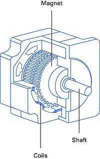 Hybrid stepper motor design with a soft iron stator and toothed permanent magnet rotor.