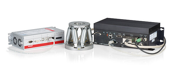 H-811 miniature hexapod with C-887.532 motion controller with EtherCAT interfaces and motion stop
