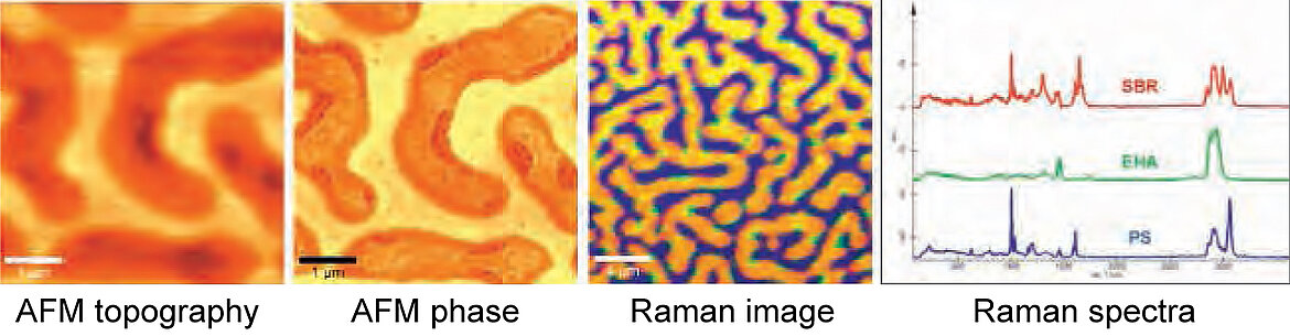 Combining Raman imaging with AFM yields both molecular information and high-resolution topographic information on the sample surface. The figure shows a polymer mixture of three polymers (PS, EHA, SBR) on a glass substrate (Image: WITec GmbH)