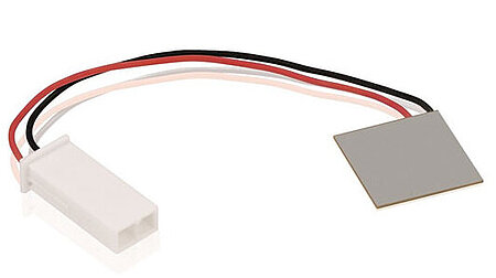Connectorized piezo patch element – the piezo transducer is the size of a postage stamp, measuring only 20x20x0.5mm. (Image: PI Ceramic)