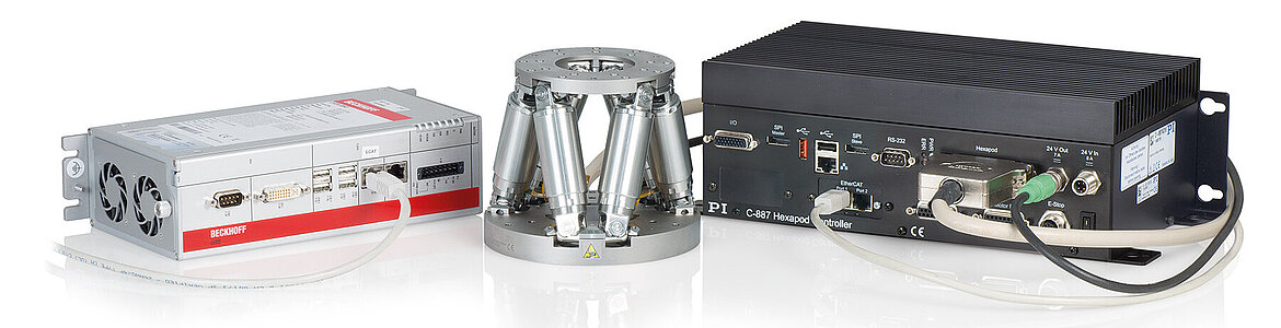 Hexapod 6-Axis motion platforms provide flexibility and unique features such as a user programmable pivot point. The EtherCAT interface guarantees an easy connection to parent PLC or CNC controls to simplify integration and synchronization of hexapods other motion and automation components. 6D Positions are simply commanded in Cartesian coordinates. The PI EtherCAT hexapod controller handles all required transformations for tool or work coordinate systems. (Image: PI)