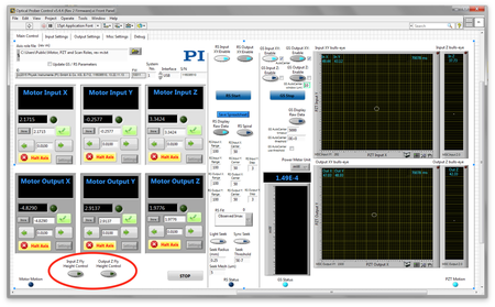 The example GUI provides intuitive access to key FMPA functionality. Shown: double-sided XYZ waveguide alignment. Novel cap-sensor-enabled fly-height control is circled. (Image: PI)