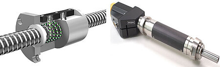 (left) Basic design of a recirculating ballscrew (Image: THK)  (right) A stepper motor driven ballscrew precision actuator, capable of sub-micrometer precise motion and high push/pull forces (Image: PI miCos)