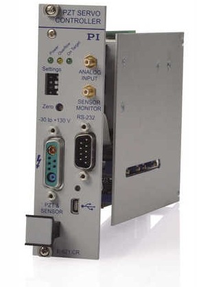 An E-621 modular analog piezo controller/driver card. Note: Even though the controller has digital USB and RS-232 interfaces and 24-bit D/A converters to generate the control signal, its servo is purely analog and the DAC is outside of the servo. (Image: PI)