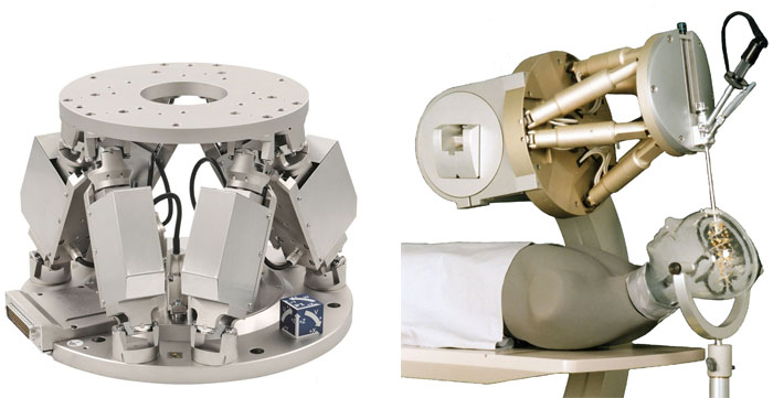 H-824 compact 6-axis positioner (left). Hexapods can also be used as surgery robots. (Image: PI/Fraunhofer IPA)