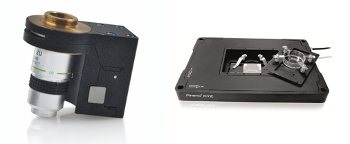 Piezo scanners such as the PIFOC® microscope lens Z-scanner and PInano XYZ slide scanner (shown above) are employed in super-resolution microscopy to increase imaging resolution beyond the diffraction limit and create 3D images.