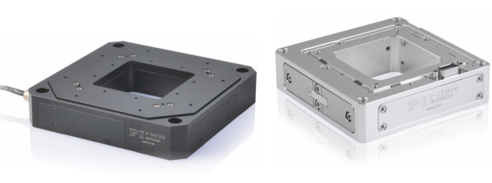 Piezo-flexure based sample scanning stages deliver the dynamics and resolution required for high-resolution scanning microscopy.  (left) The PImars P-563 XYZ provides travel ranges to 300 µm with sub-nanometer resolution.  (right) A UHV compatible XYZ piezo scanning stage. (Image: PI)