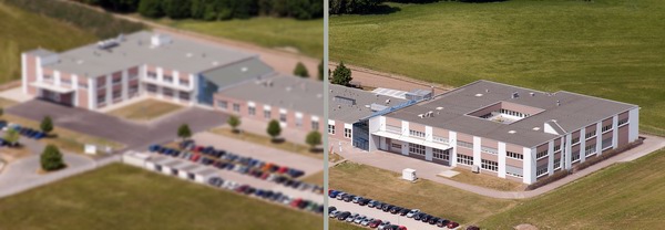 Aerial view of a building. Left: image blur is caused by vibrations. Right: sharp with active image stabilization.