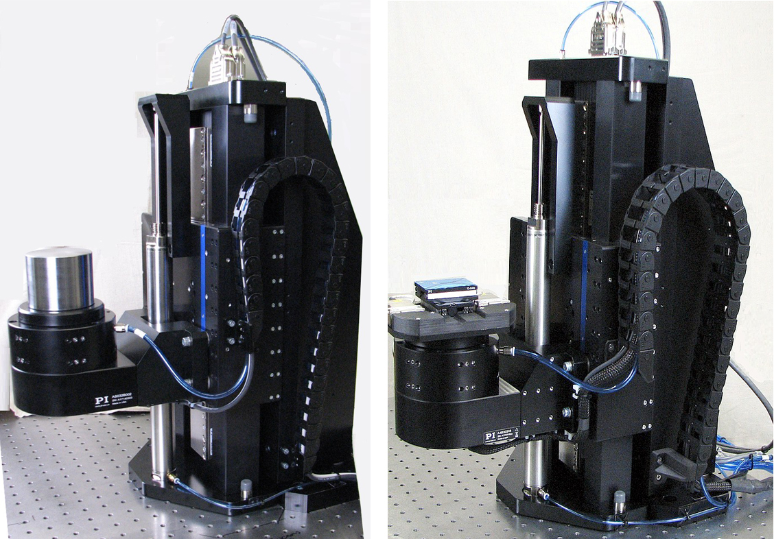Left: Z-Theta motion system: Vertical linear air bearing stage which with rotary air bearing stage (shown with dummy mass). The axis of rotation is parallel to the Z axis. The linear stage is equipped with a direct-drive linear motor and includes a pneumatic counterbalance. Right: Z-Theta motion system with optional XY stage to position the sample relative to the axis of rotation. The ultra-light Q-545-based XY stage is driven by piezo motors and provides nanometer resolution. Its absolute encoders allow for lossless position signal transmission through the slip rings.