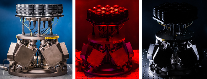 UCSB 19 element protoype laser phased array on a H-824 PI hexapod pointing platform that is a 1/4 scale model of one of the basic building blocks of the large kilometer class laser phased array needed to drive a small spacecraft to relativistic speeds needed for the first interstellar missions. (Image credit: UCSB Experimental Cosmology Group, University of California, Santa Barbara, CA 93106)