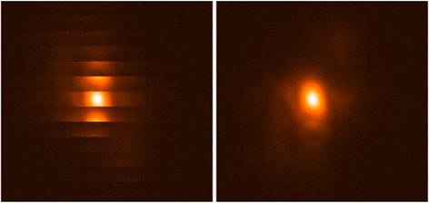 Fast tip-tilt mirrors such as the S-325 parallel-kinematics tripod design are often used to improve the image quality in astronomical telescopes. The image on the left represents a star without tip/tilt correction, the image on the right was obtained with fast tilt correction. (Source: http://arxiv.org/pdf/1606.00690.pdf)