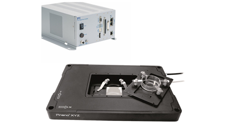 PInano® series nanopositioning stages feature a very low profile of 20 mm (0.8), a large aperture for 3 x 1" slides and deliver highly accurate motion with sub-nanometer resolution in up to 3 axes. Slide / petri dish holders optional. P-545 stage shown with included E-727 digital servo controller.