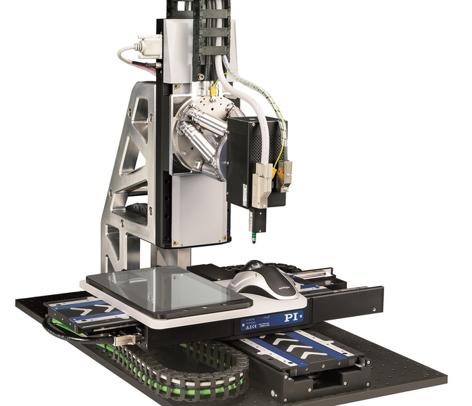 10-axis touch panel test system based on a compact hexapod, linear motor stages, and a voice coil actuator with force and position feedback